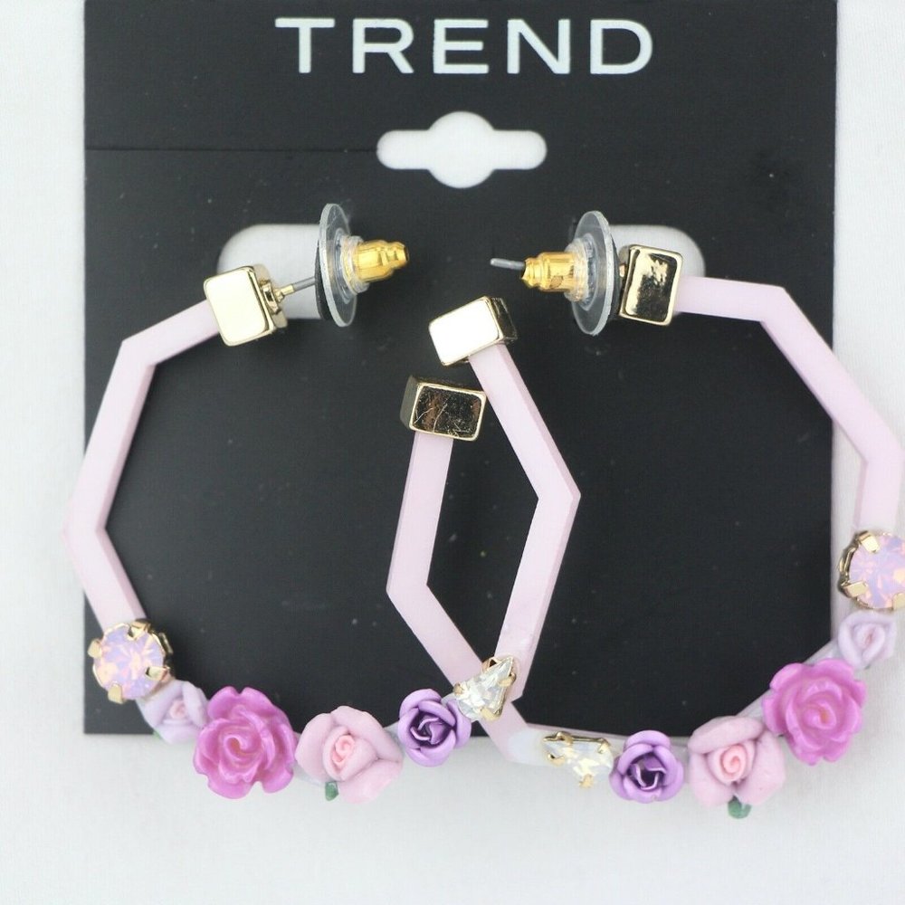 Trend Earrings 1 3/4" Rhinestone & Acrylic Pink Flowers Hoop Strait Back